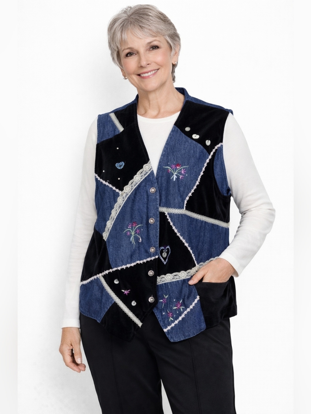 Napa Valley Denim Vest – Velvet & Pearl Embellished – Women’s Size L